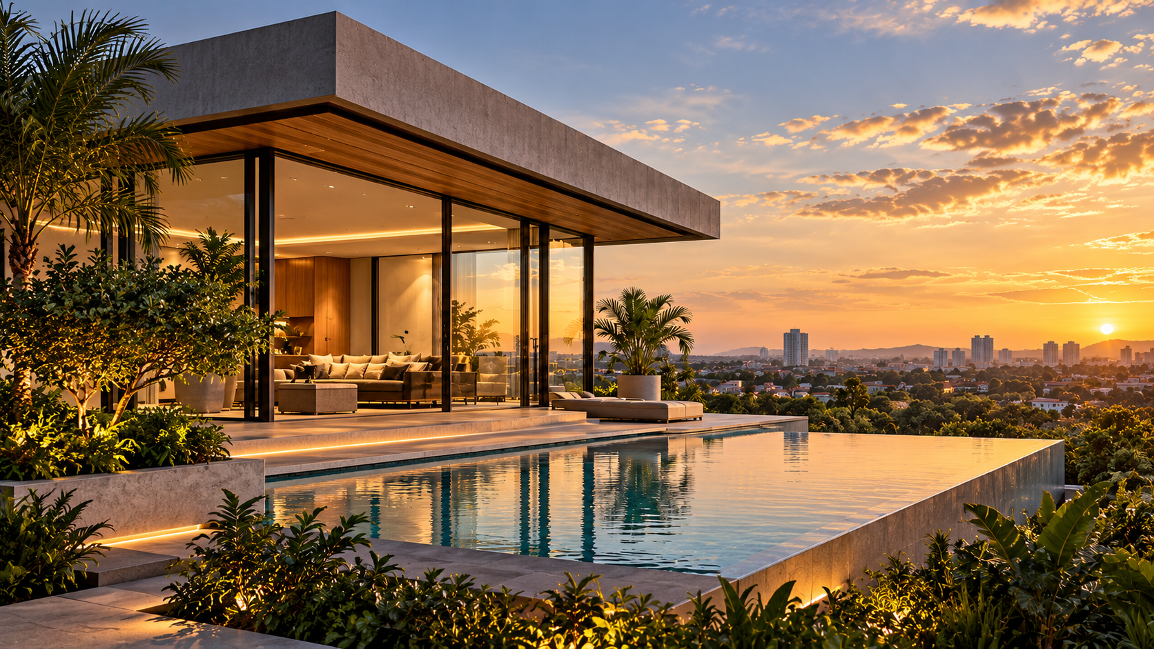 Imagem ilustrativa de residência contemporânea com piscina ao pôr do sol